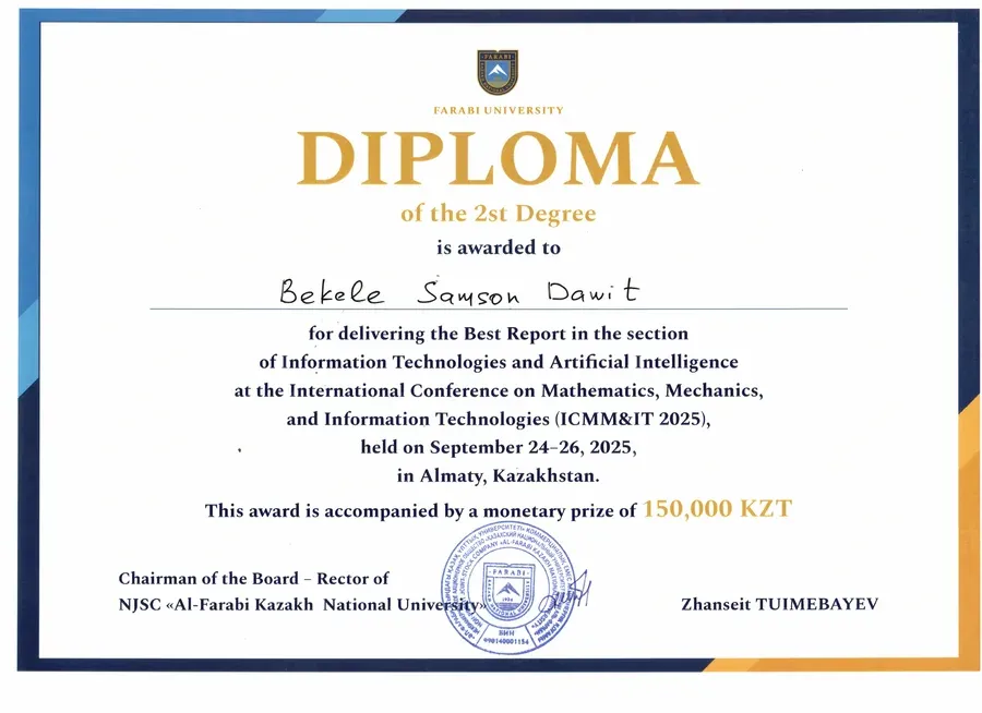 Award certificate for ICMM&IT 2025: second-best report.
