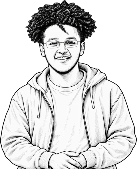 Ink portrait of Samson in a casual hoodie, hands resting together.