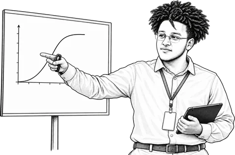 Ink sketch of Samson presenting a flow plot, holding a tablet and pointing with a presenter remote.